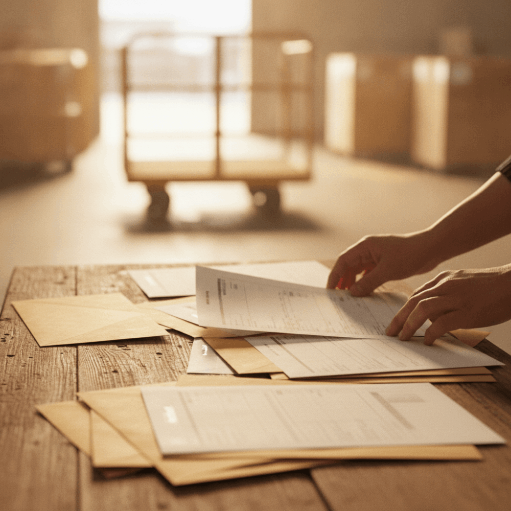 Mains triant des bons de commande papier sur un poste logistique de grossiste