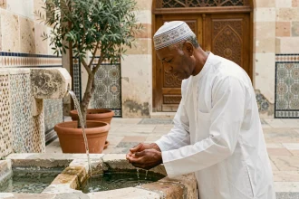 Homme en djellaba effectuant les ablutions avant la prière dans la cour d'une mosquée à Marseille
