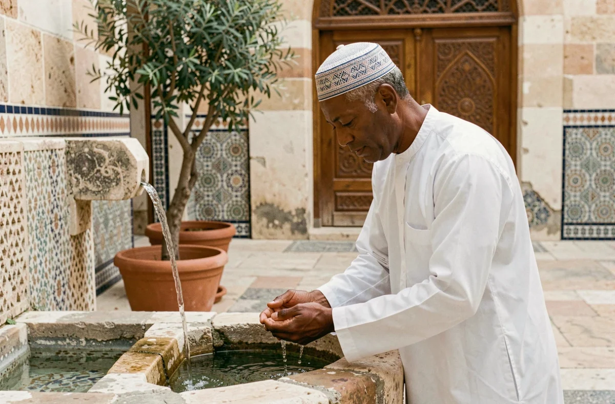 Homme en djellaba effectuant les ablutions avant la prière dans la cour d'une mosquée à Marseille