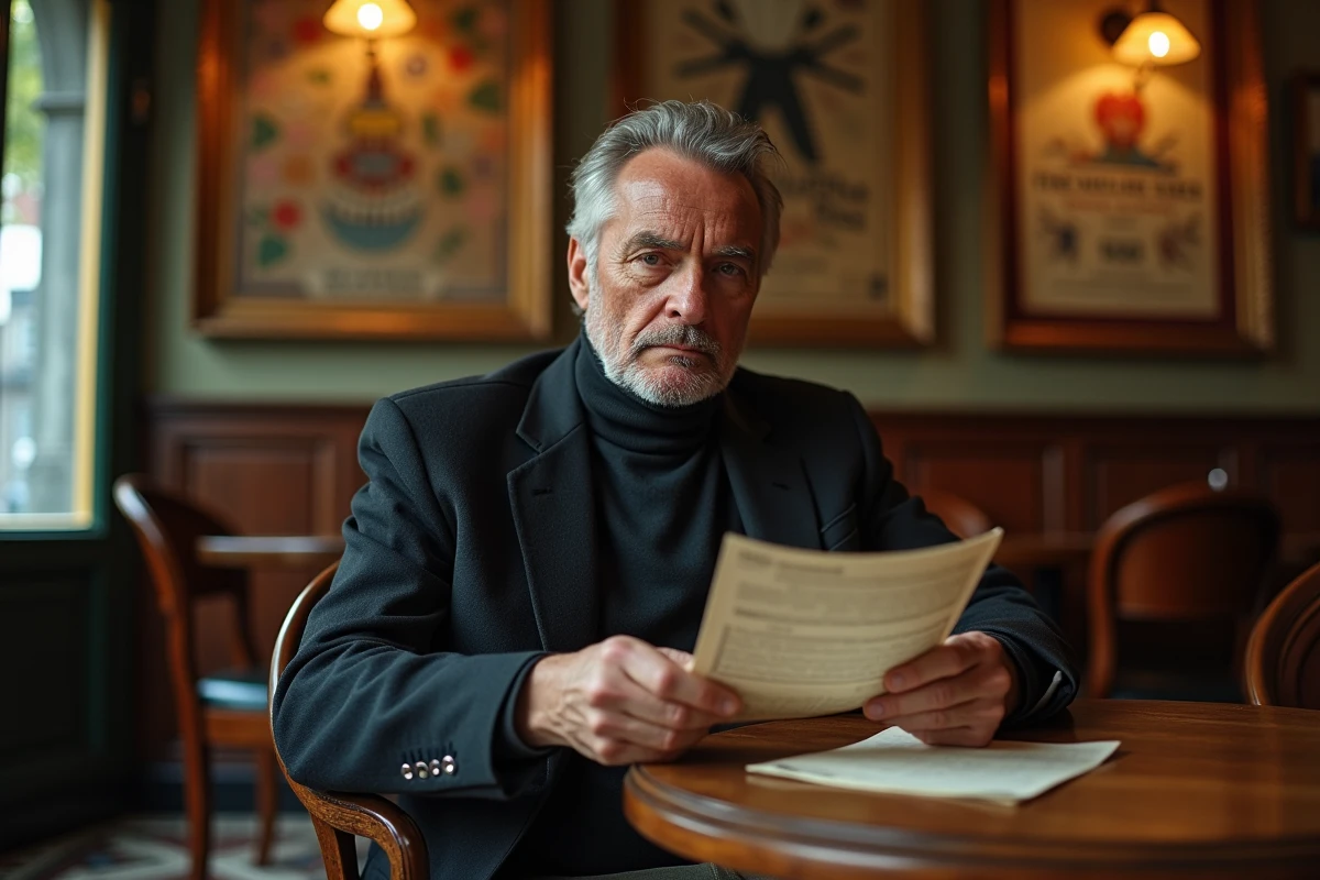 Acteur lisant un script dans un café français ancien