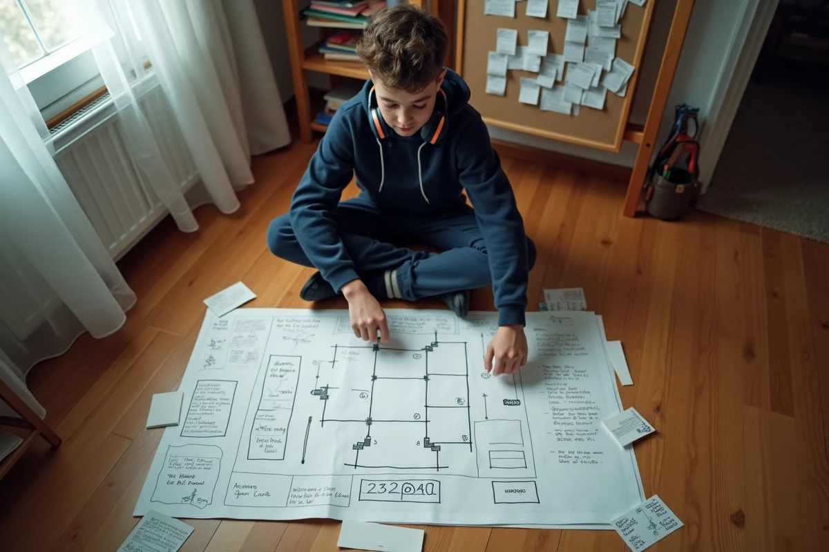 Adolescent jouant au pendu sur le sol avec diagrammes écrits à la main et cartes d'indices