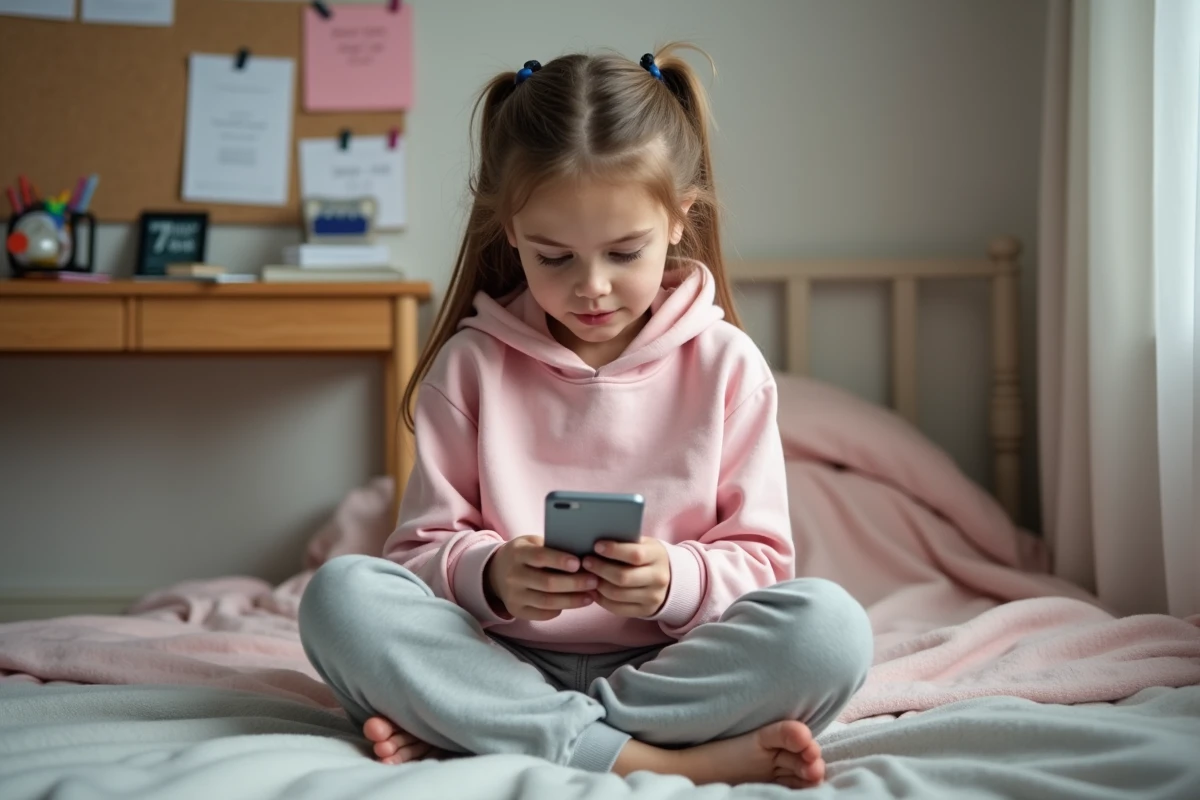 Adolescente concentrée cherchant la solution en 7 lettres du jeu 4 Images 1 Mot sur son téléphone