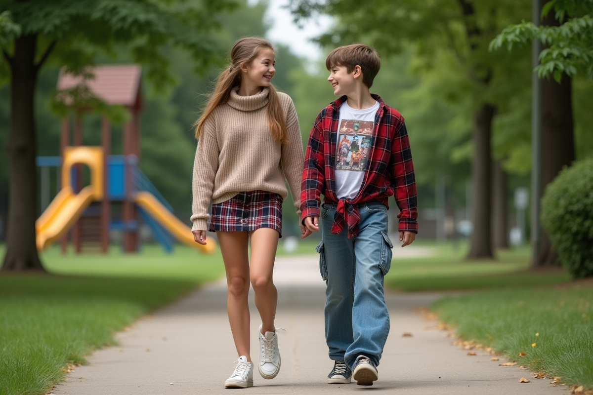 Adolescentes marchant dans un parc avec style années 90