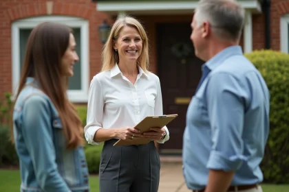 Agent immobilier souriante devant une maison de banlieue