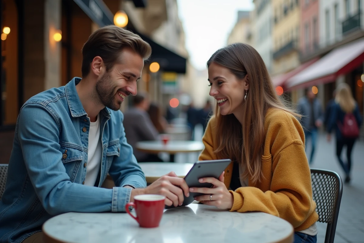 Deux amis discutant des prix et options d'abonnement YouTube Premium sur une tablette en terrasse de café
