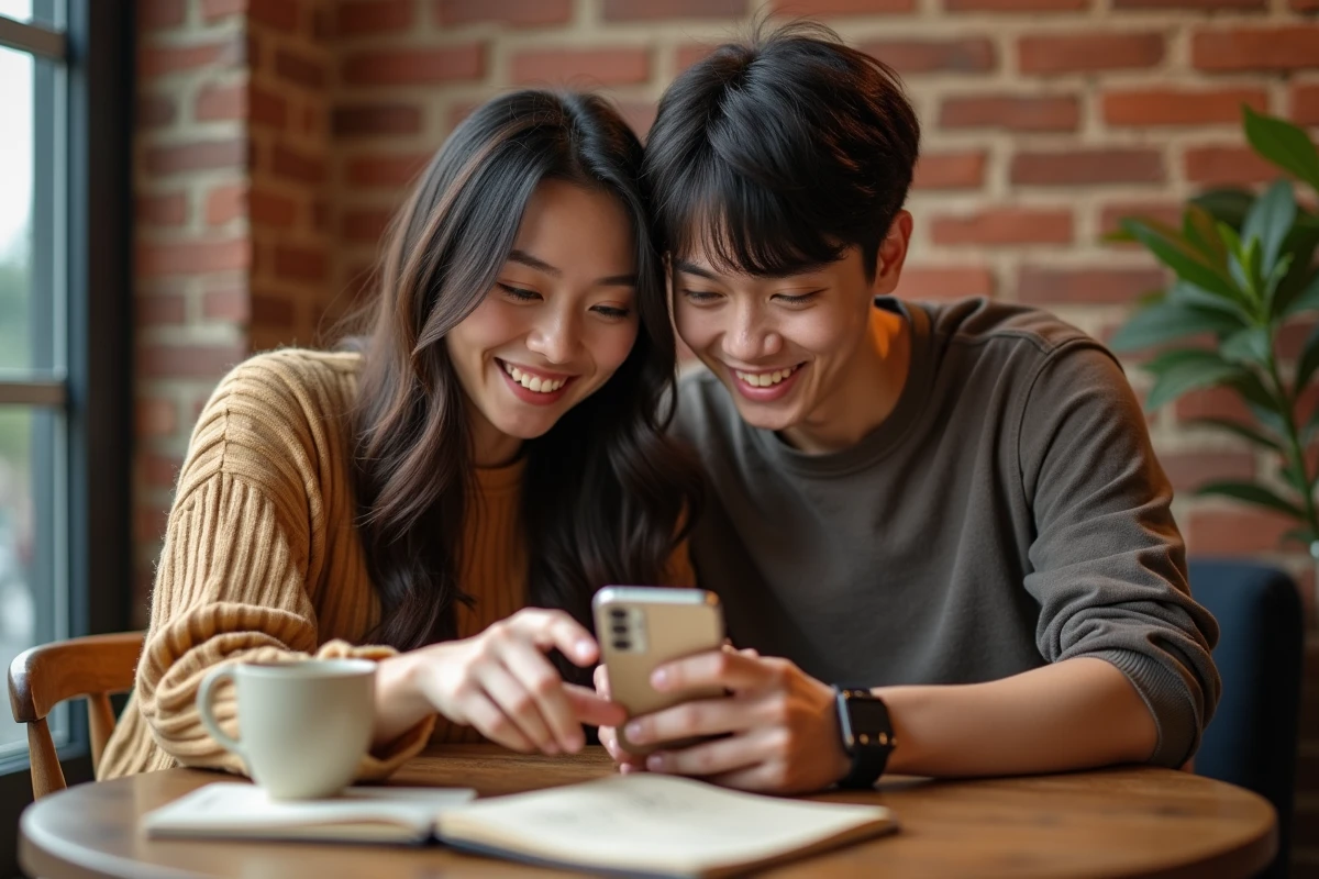 Deux amis dans un café découvrant ensemble un webtoon rare sur un smartphone posé sur une table