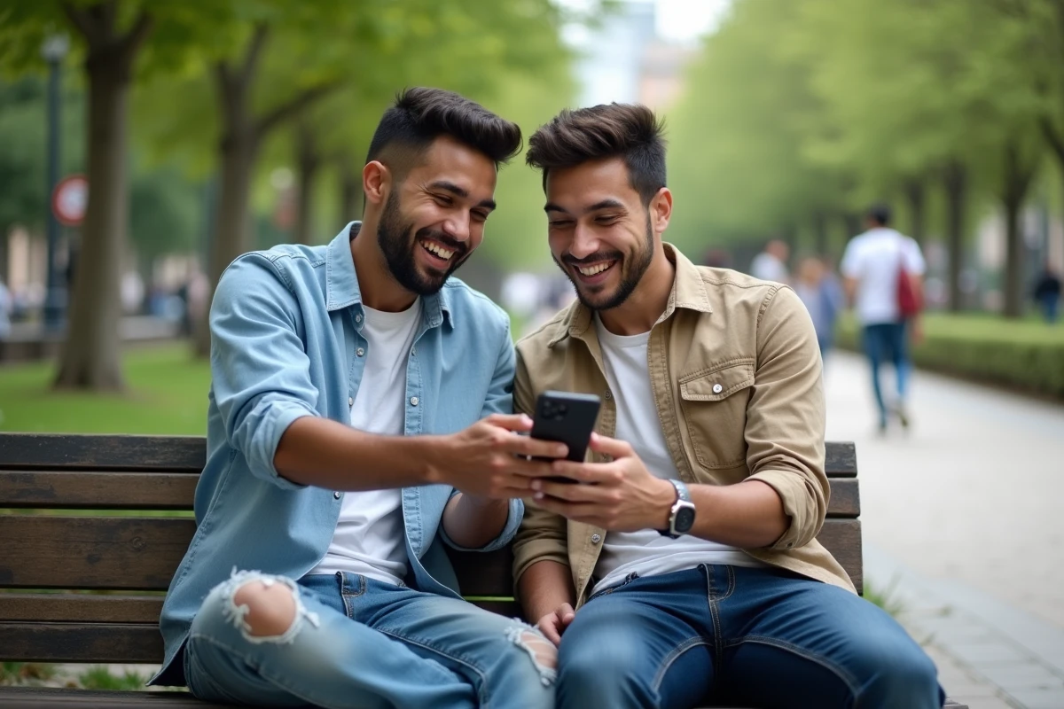 Deux jeunes hommes riant en partageant un smartphone dans un parc