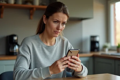 Femme méfiante regardant un appel masqué sur son smartphone dans une cuisine moderne