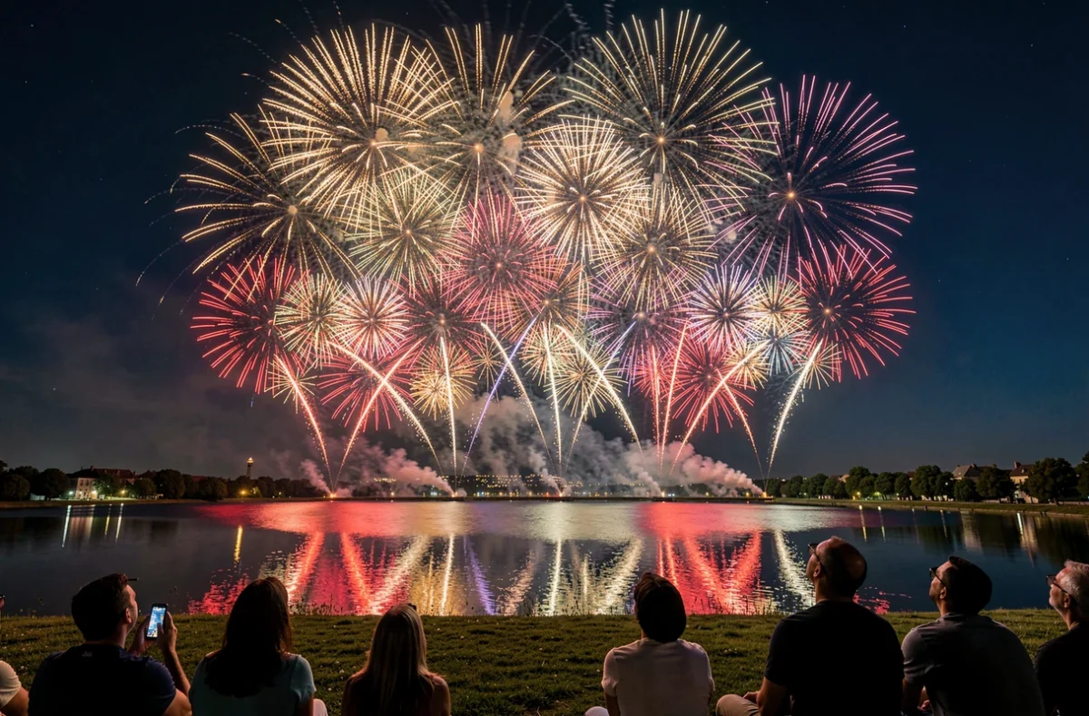 Spectacle pyrotechnique coloré au-dessus de Bellengreville reflété dans un lac, avec silhouettes de spectateurs en premier plan