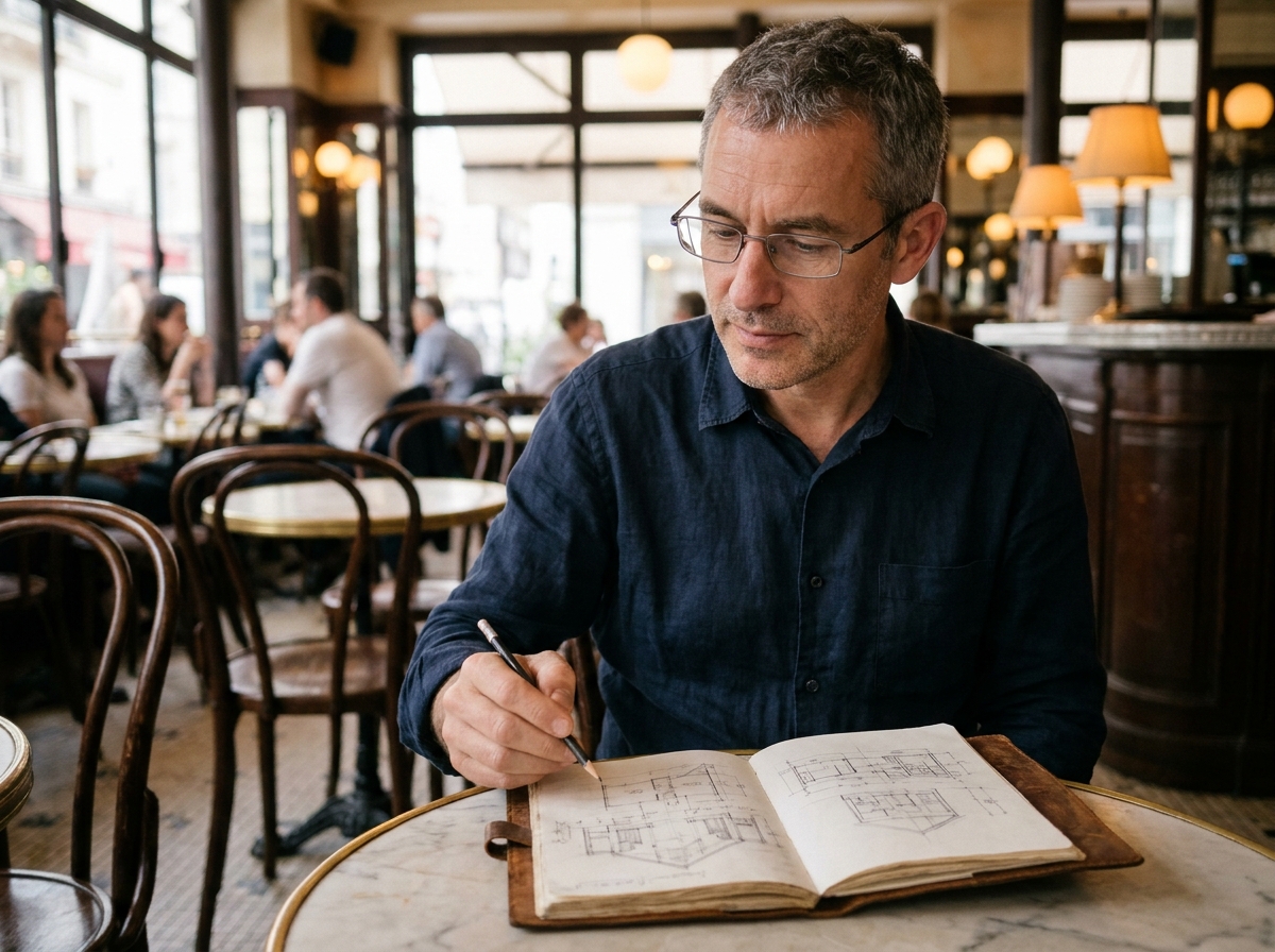 Artiste dessinateur homme portant des lunettes à monture métallique esquissant dans un carnet dans un café parisien