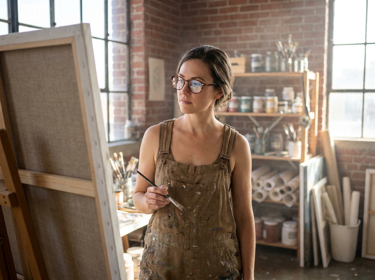Artiste peintre femme portant des lunettes rondes en écaille de tortue travaillant sur une grande toile dans son atelier bohème