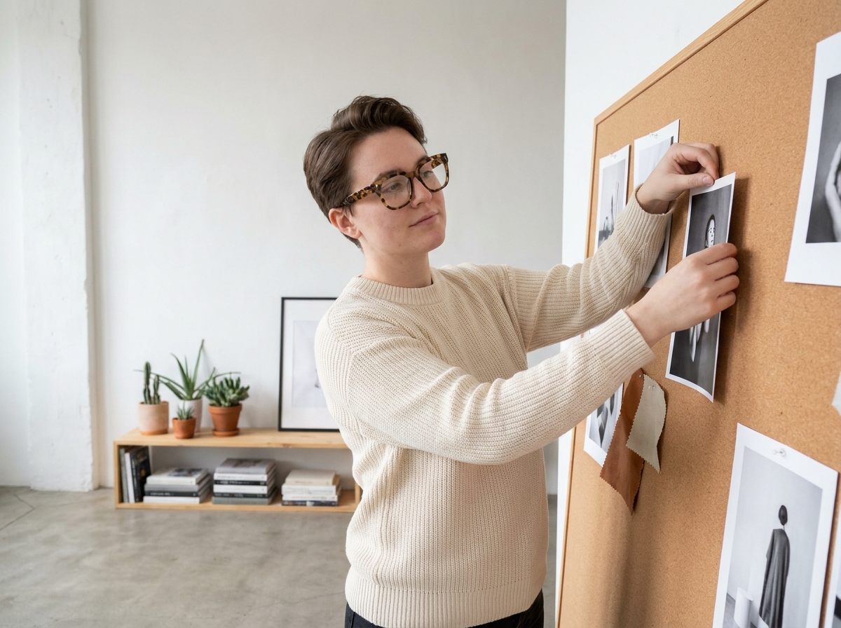 Jeune artiste non-binaire portant des lunettes carrées en acétate arrangeant des tirages photographiques sur un tableau de bord créatif minimaliste