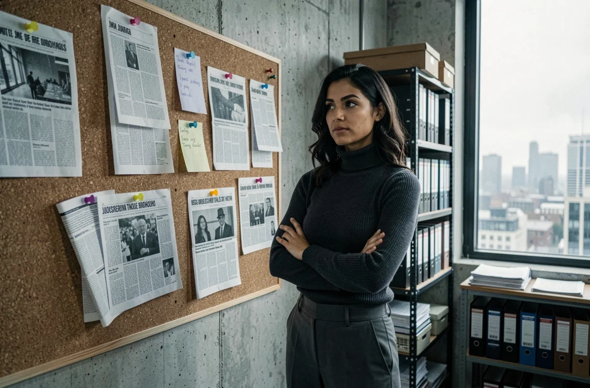 Femme debout devant un tableau de coupures de presse et notes dans une salle de rédaction, symbolisant les investigations sur les origines et la biographie d'une personnalité publique
