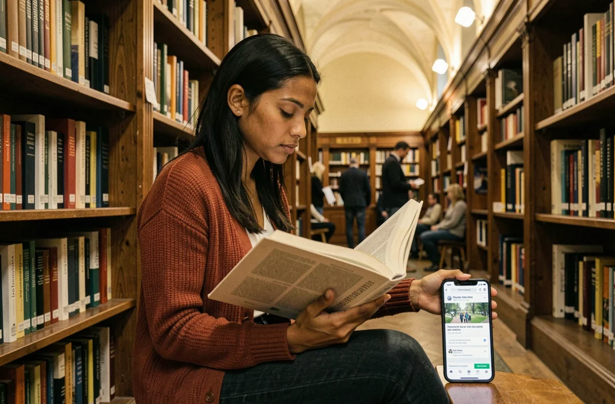 Femme aux traits métissés consultant un livre de référence et Wikipédia sur smartphone dans une bibliothèque classique, évoquant les recherches sur les origines d'Aurore Malval