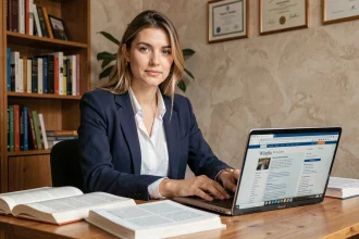 Jeune femme aux origines métissées assise à un bureau entouré de livres et d'un ordinateur affichant Wikipédia, illustrant les recherches sur Aurore Malval