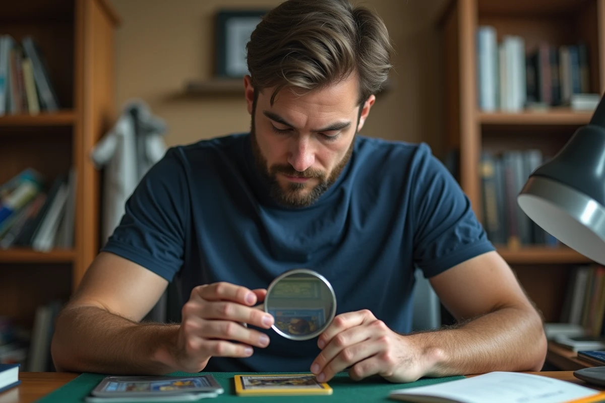 Homme examinant une carte Pokémon rare à la loupe sur un bureau d'expert en authentification