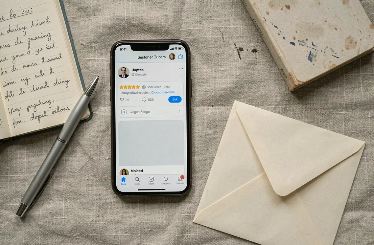 Vue aérienne d'un smartphone affichant des avis négatifs en ligne et un carnet de notes, illustrant l'évaluation critique d'une boutique comme Kimeo Shop en 2026