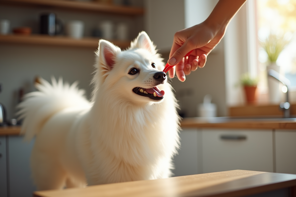 Jeune adulte brossant un spitz blanc dans une cuisine moderne