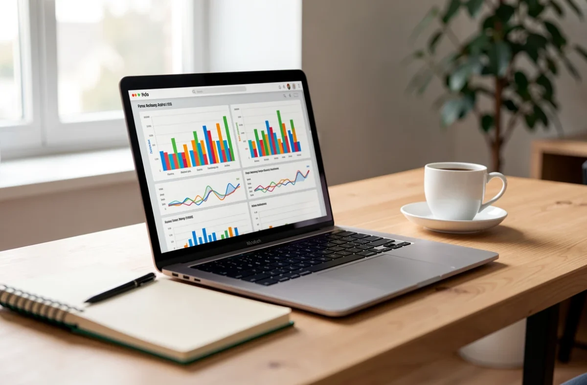 Bureau avec ordinateur portable affichant des graphiques marketing