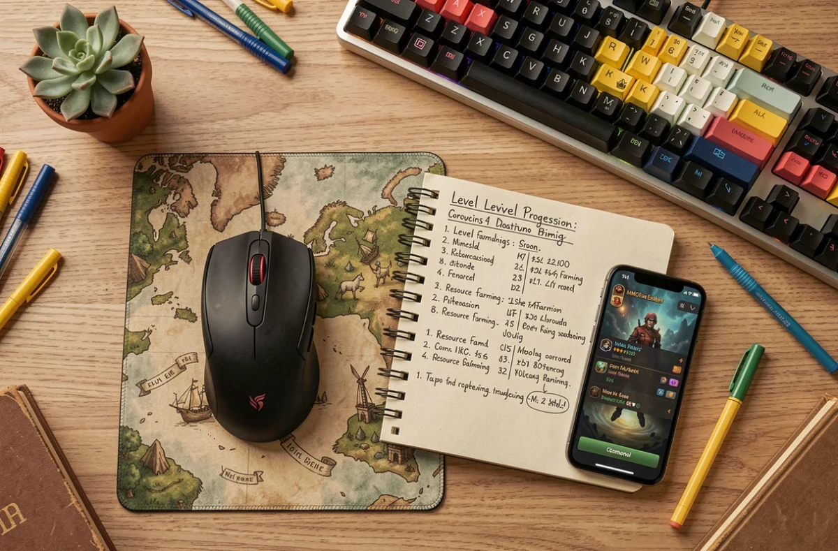 Bureau gaming vue du dessus avec notes de progression et accessoires pour optimiser le farming dans un MMORPG