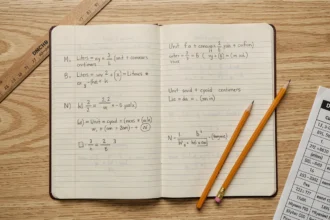 Cahier d'exercices de mathématiques ouvert sur une table avec un tableau de conversion litres et centimètres cubes pour collégiens