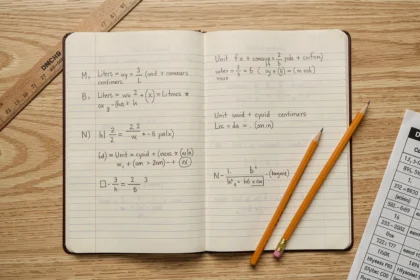 Cahier d'exercices de mathématiques ouvert sur une table avec un tableau de conversion litres et centimètres cubes pour collégiens
