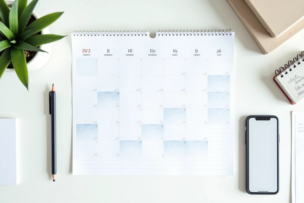 Vue du dessus d'un calendrier semaines paires imprimé sur un bureau minimaliste avec accessoires de bureau