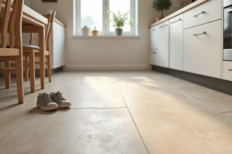 Carrelage en grès cérame grand format dans une cuisine familiale moderne avec traces d'usure naturelles