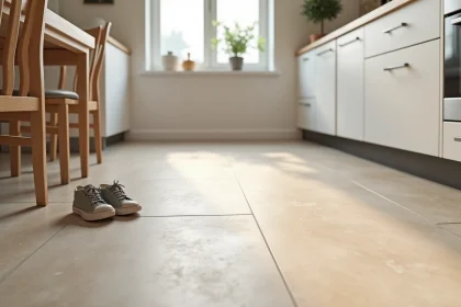 Carrelage en grès cérame grand format dans une cuisine familiale moderne avec traces d'usure naturelles