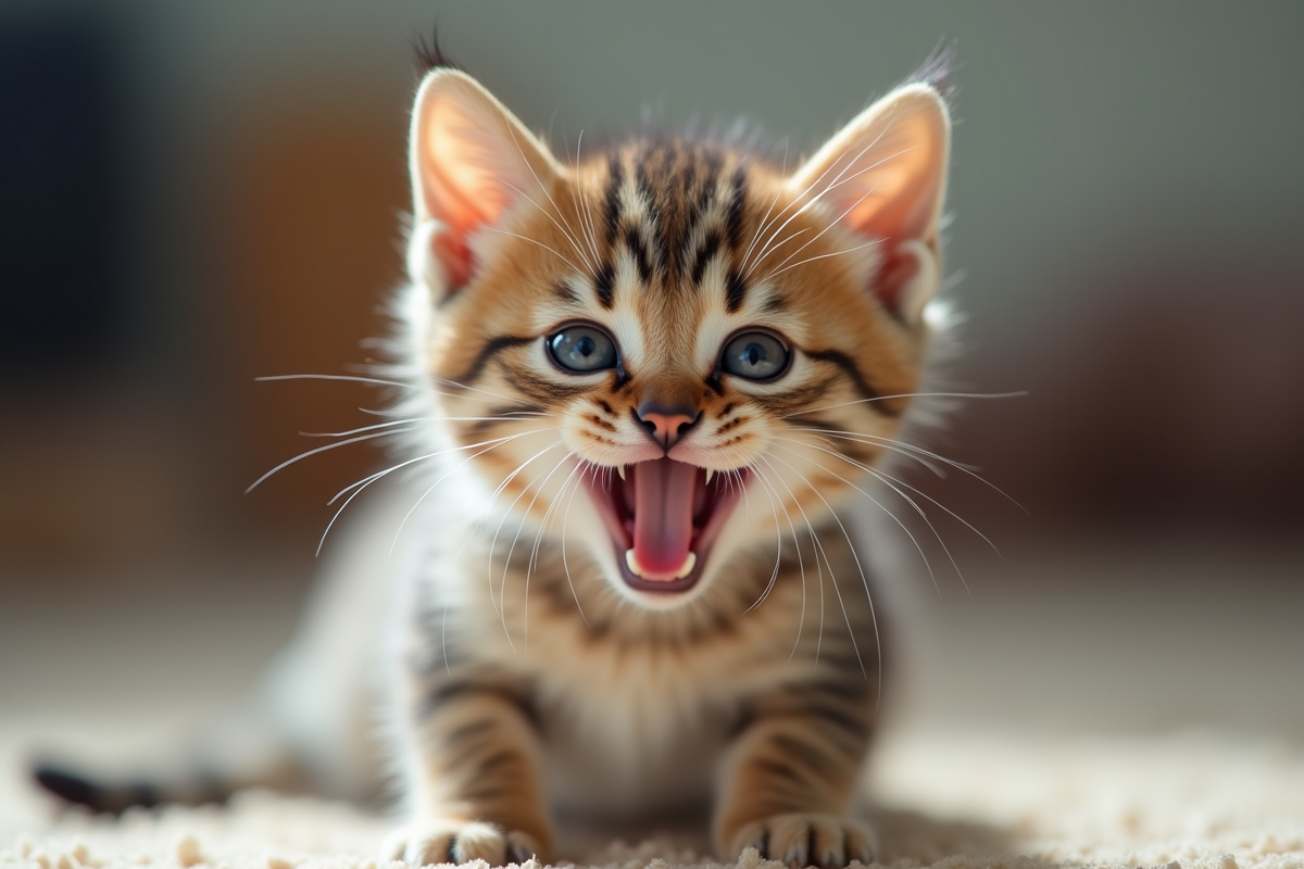Chaton miaulant regardant la caméra avec détails du pelage