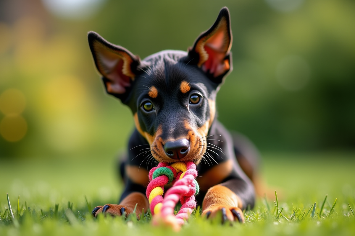 Chiot doberman jouant avec un jouet en corde dans un jardin vert