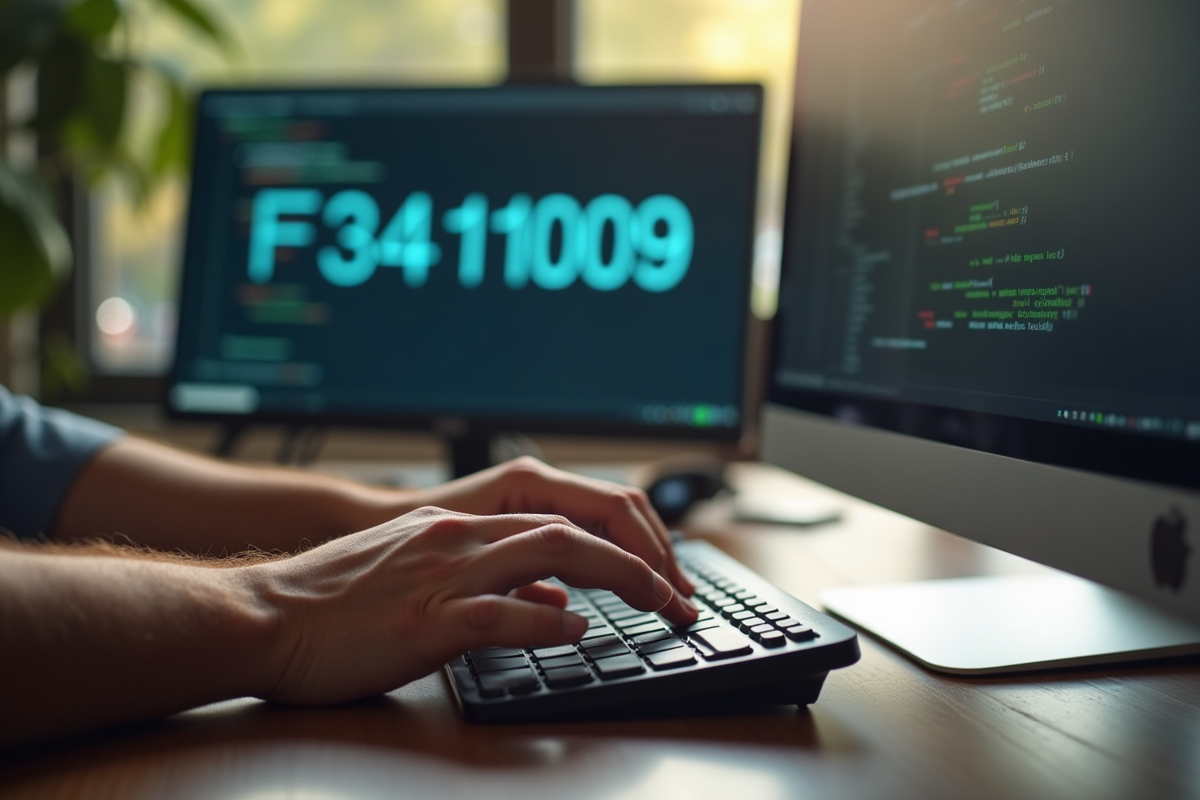 Mains tapant sur un clavier sans fil avec écran d erreur en arrière-plan