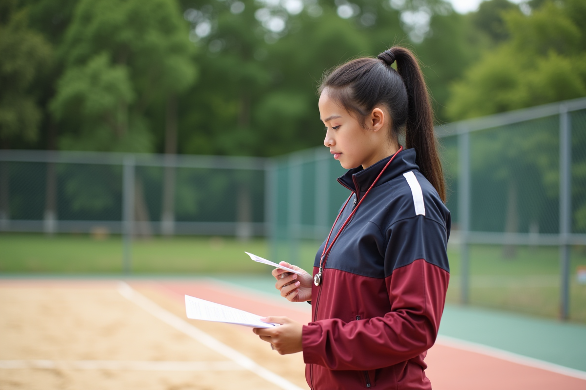 Jeune femme entraîneur en extérieur avec notes sur le terrain