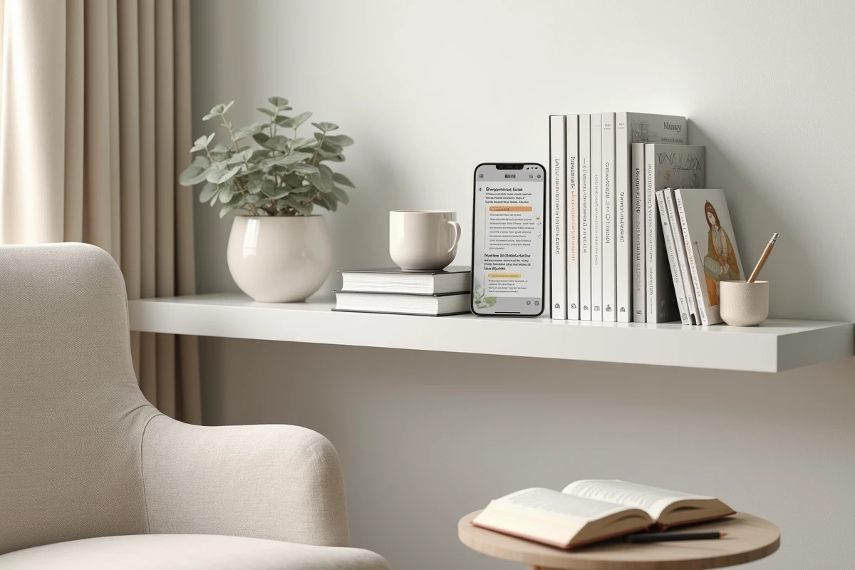 Coin lecture organisé avec des volumes manga sur une étagère et un smartphone affichant une application de gestion de bibliothèque de scan