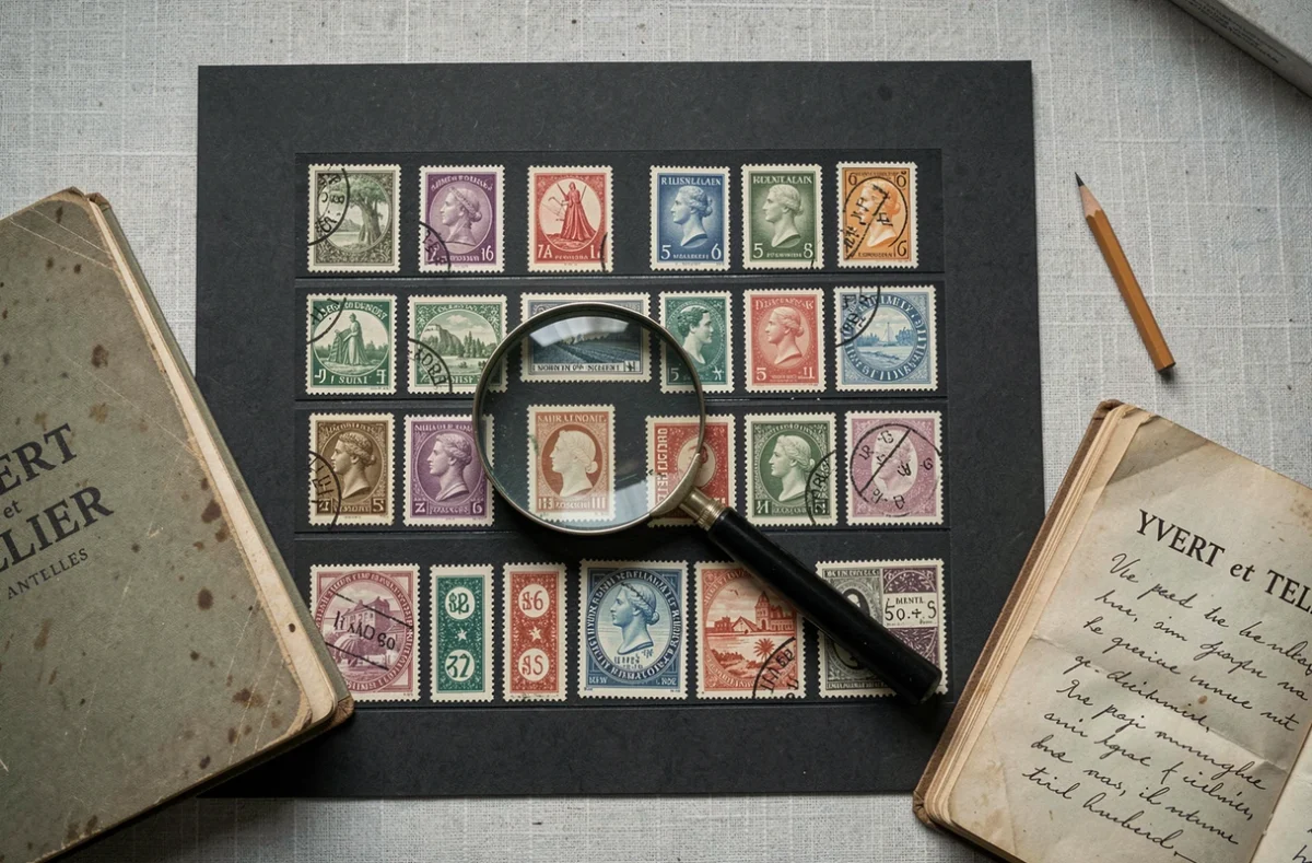 Collection de timbres rares disposés en flat lay avec catalogue philatélique et loupe professionnelle