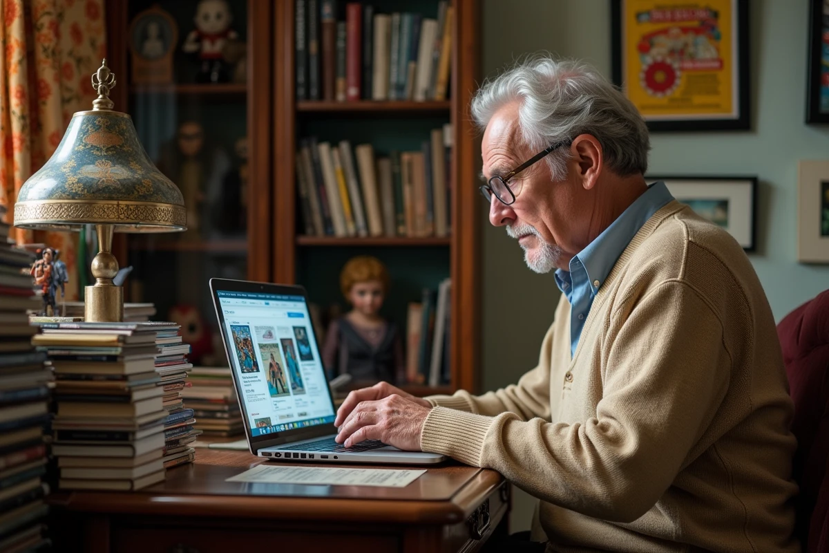 Collectionneur senior naviguant sur un site de vente d'objets de collection comme Delcampe depuis son bureau vintage
