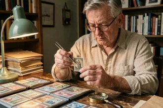 Collectionneur de timbres rares examinant un timbre ancien avec une pince philatélique et une loupe sur un bureau en bois
