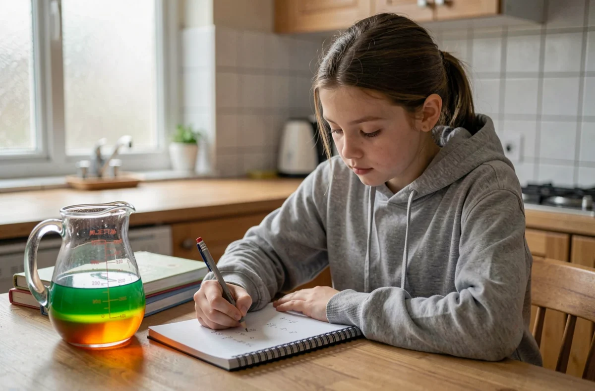 Jeune collégienne qui révise les conversions de volumes litres et cm3 à la table de la cuisine avec un verre doseur