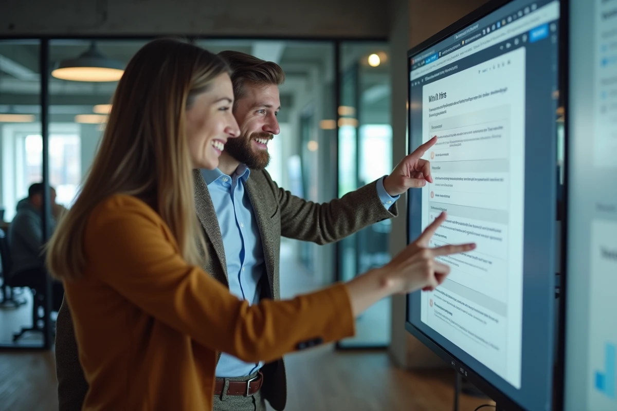 Deux collègues discutant devant un écran affichant une encyclopédie collaborative en ligne dans un espace de coworking moderne