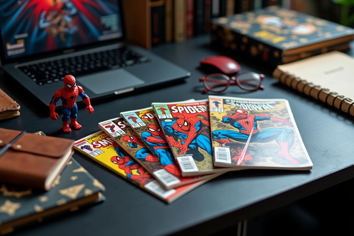 Plat posé éditorial de comics Spider-Man de différentes époques avec figurine et notes sur le multivers Marvel