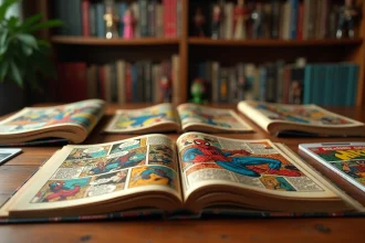 Collection de comics Spider-Man vintage étalés sur une table en bois, illustrant les arcs narratifs du multivers Marvel