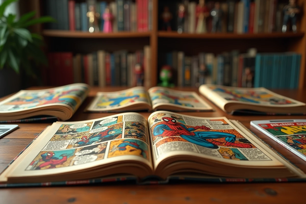 Collection de comics Spider-Man vintage étalés sur une table en bois, illustrant les arcs narratifs du multivers Marvel