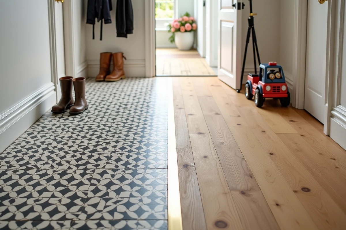 Comparaison carrelage ciment et parquet en bois dans un couloir d'entrée familial avec traces d'usure quotidienne