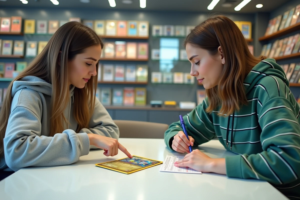 Deux femmes comparant une carte Pokémon rare à une liste d'authentification dans une boutique spécialisée