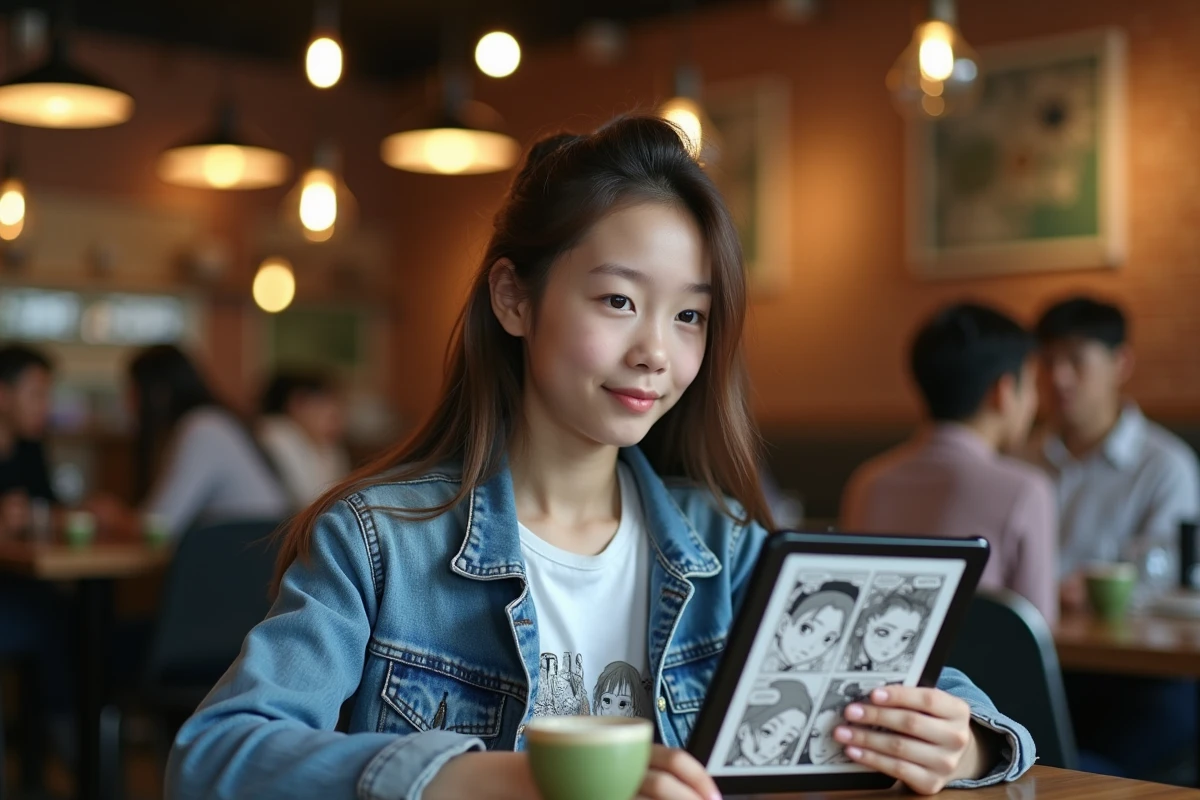 Adolescente comparant des sites de lecture de scans manga sur une tablette dans un café urbain
