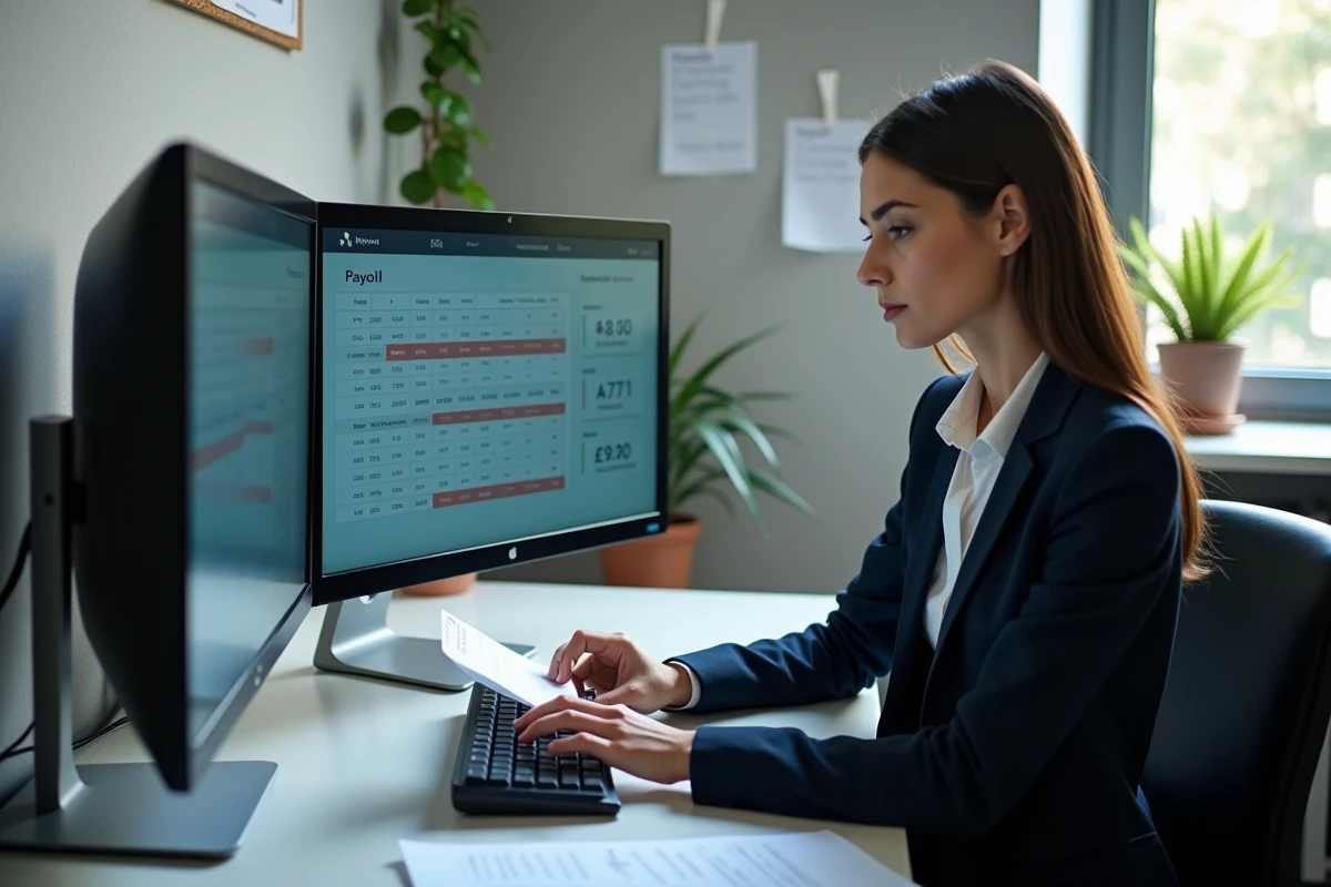 Comptable utilisant un logiciel de paie affichant des conversions de minutes en centièmes d'heure pour un calcul précis des salaires