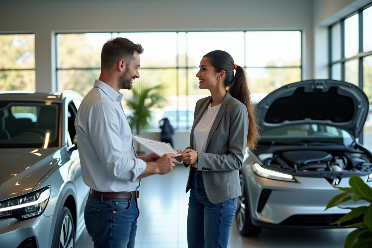 Homme et femme examinant brochures entre voitures hybrides ouvertes