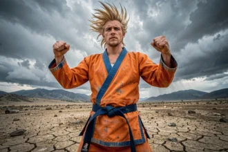 Cosplayer déguisé en Goku Super Saiyan dans une pose épique sur un terrain rocheux avec ciel d'orage dramatique