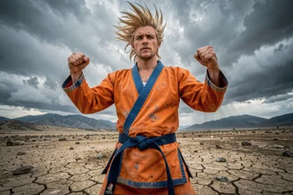Cosplayer déguisé en Goku Super Saiyan dans une pose épique sur un terrain rocheux avec ciel d'orage dramatique