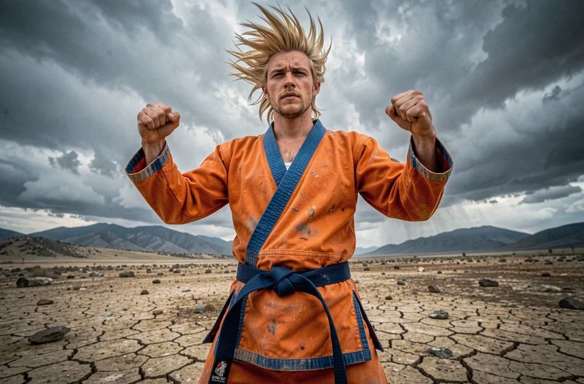 Cosplayer déguisé en Goku Super Saiyan dans une pose épique sur un terrain rocheux avec ciel d'orage dramatique